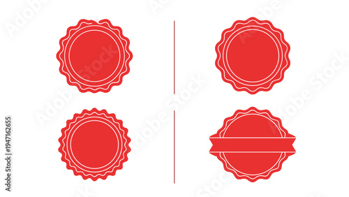 Set of four red circular labels with decorative scalloped edges and thin white line borders including one with a banner across.