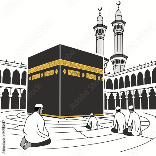 Worshippers encircling the Kaaba in Mecca mosque minarets