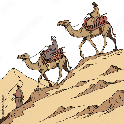 Desert camel caravan with riders and guide