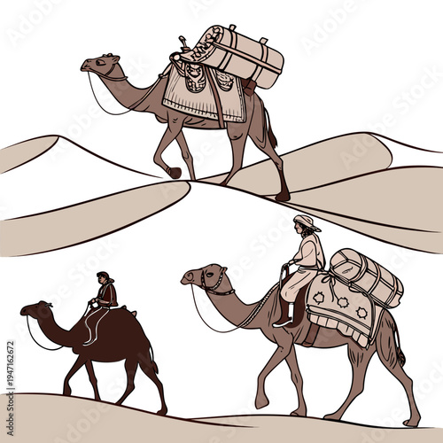 Camels walking on desert sand dunes with riders and luggage