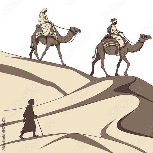 Desert travelers on camels with walking guide dunes