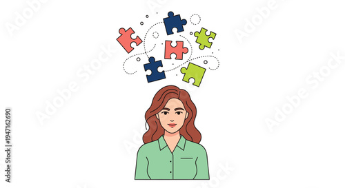 Vector illustration of woman with puzzle pieces thinking
