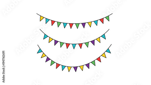 Three rows of colorful triangular flag garlands hanging in gentle curves on thin black strings against a white background.