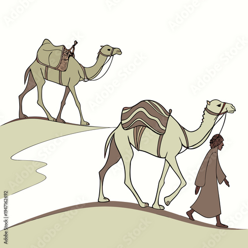 Of two camels and a man walking in the desert realistic beige