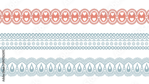 Three horizontal rows of intricate lace border designs featuring hearts flowers and teardrop patterns in pink and blue.