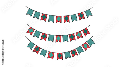 Three rows of teal and red bunting banners where alternating flags feature a contrasting diamond pattern in the center.