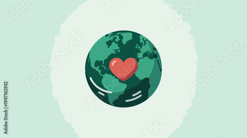 Earth globe with red heart symbolizing love for the planet and environmental care on a green background