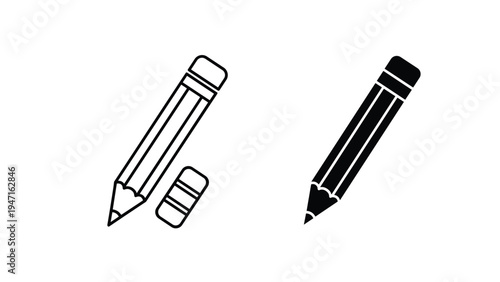 Two sets of pencil and eraser icons one in simple black outline and the other in solid black silhouette on a white background.