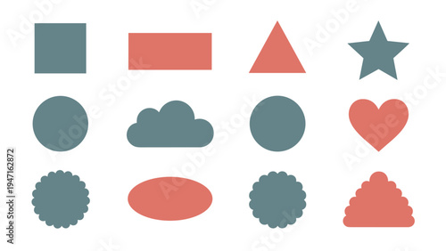 Various solid geometric shapes in teal and coral colors including squares circles stars and cloud icons on a white background.