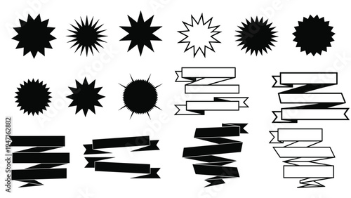 Assorted collection of black and white starburst seals and folded ribbon banners in various styles and orientations.