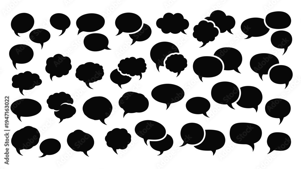 Fototapeta premium Extensive collection of black speech and thought bubble silhouettes in many different shapes and sizes for dialogue and comic design.