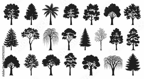 Collection of various black silhouette tree shapes and forms in different styles.