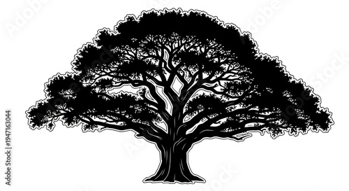 Silhouette of a large sprawling tree with detailed branches and leaves.