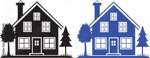 Black and blue house silhouettes with trees on white background Keywords: house, home, building