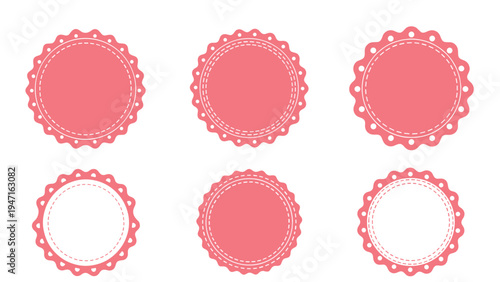 Set of six circular pink labels with scalloped edges and dotted or dashed white borders suitable for tags or badges on white.