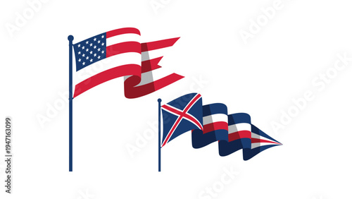 Illustrations of the United States and United Kingdom flags waving dynamically on poles representing international relations and pride.