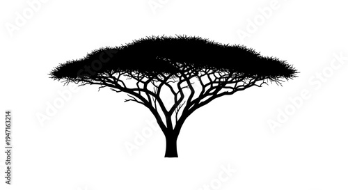 Silhouette of a large acacia tree with a broad flat canopy and intricate branches.