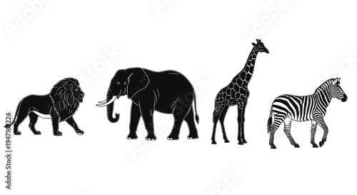 Silhouettes of wild African animals including lion elephant giraffe and zebra.