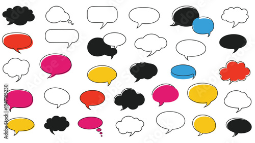Large collection of speech and thought bubble silhouettes in colors like black red pink yellow and blue for dynamic communication design.