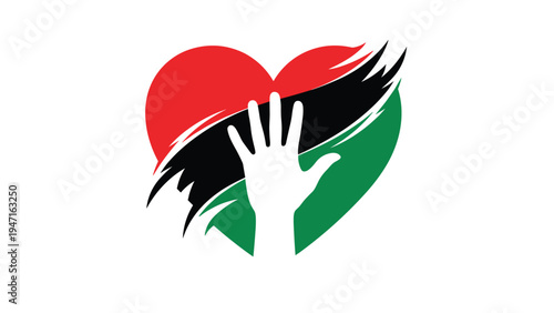 Heart symbol in pan-african flag colors of red black and green with white human hand silhouette for community unity and support.