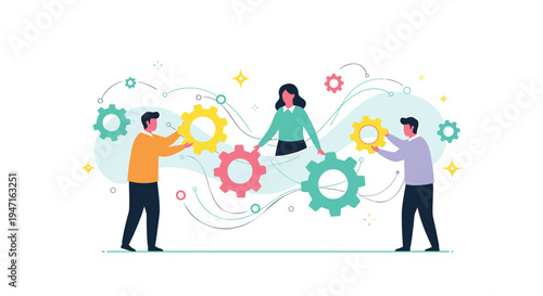 Set of 3 people working together with colorful gears vector