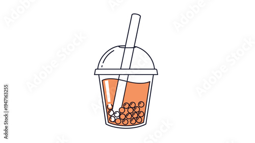 Bubble tea drink icon featuring orange flavored milk tea with tapioca pearls and a large straw in a clear plastic dome lid cup.