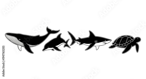 Silhouettes of various marine animals including whale, orca, shark, and sea turtle.