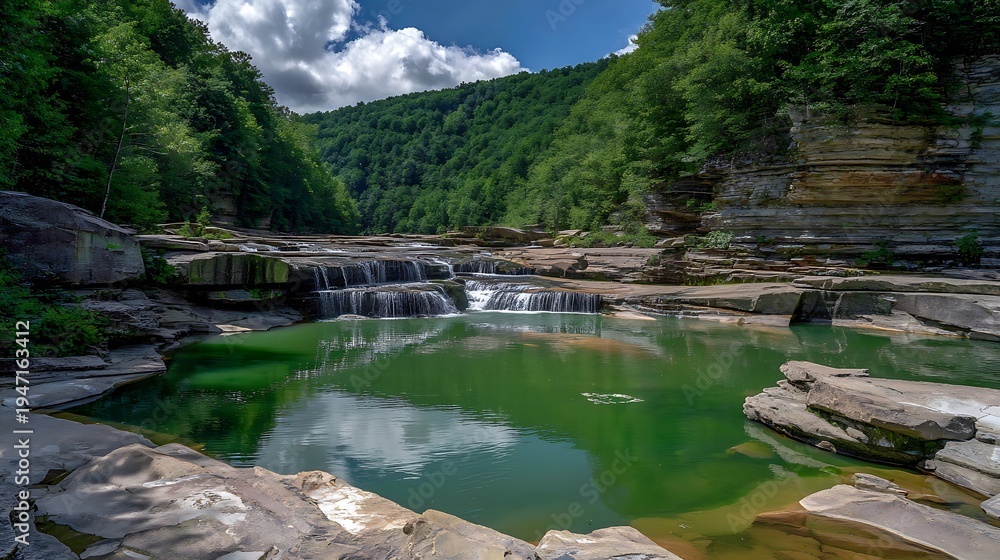 Fototapeta premium Waterfall Natural Turquoise Pool Rocky Landscape high resolution image