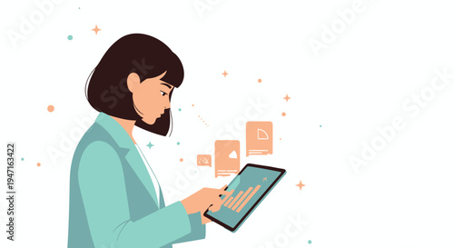 Vector illustration of woman using tablet with icons