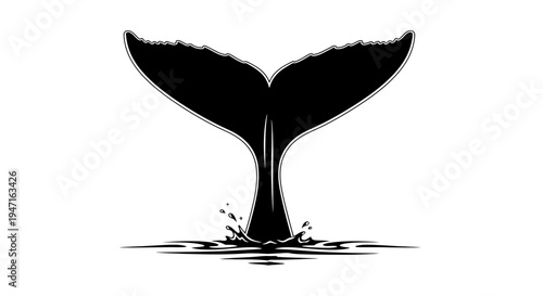Black silhouette of a whale tail splashing water in ocean.