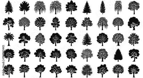 Collection of various black silhouette tree shapes in different styles and forms.