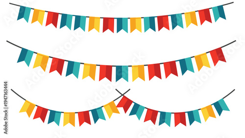 Festive garlands of triangle bunting flags in teal yellow and red colors hanging in three rows on a white background.