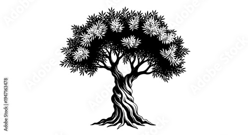 Black and white artistic illustration of an ancient olive tree with detailed leaves and twisted trunk.