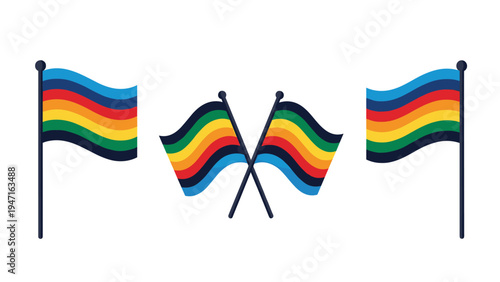 Rainbow pride flags in a unique five color design featuring blue green yellow orange and red stripes on poles and crossed.