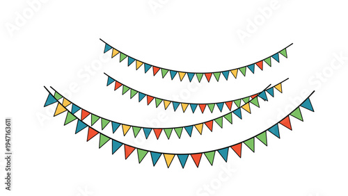 Four strings of colorful triangle bunting flags in teal orange red and green colors hanging against a white background.