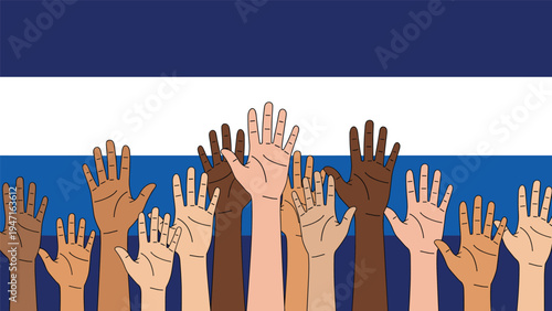 Diverse hands of various skin tones reaching upwards in front of a blue and white striped flag like background for unity.