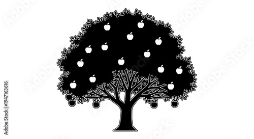 Black silhouette of a tree with hanging apples and baskets.