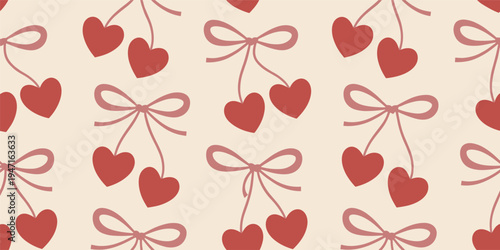Red heart shapes with pink bows seamless pattern ribbon