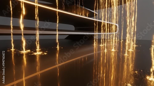 Abstract Golden Light Trails Reflecting on Dark Surface in Modern Digital Space.