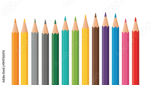 Collection of thirteen sharp colored pencils arranged in a row featuring a wide spectrum of vibrant shades for art.