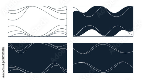 Collection of four abstract background designs featuring wavy lines and dark blue liquid shapes for modern aesthetics.