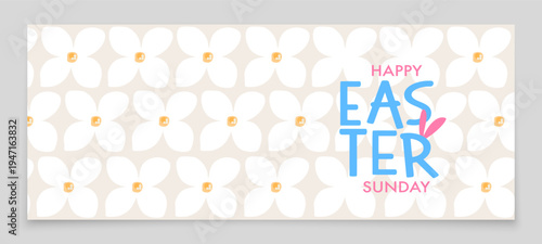 Festive banner for Easter with white flowers. Happy Easter banner. White minimalistic flowers on a beige background.