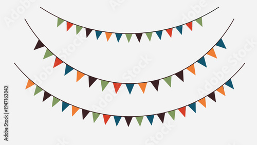 Three rows of hanging party garlands with small triangular flags in muted earth tones for decorative background use.