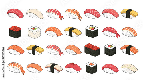 Large set of colorful sushi illustrations displays various types of nigiri and rolls with tuna, salmon, shrimp, and egg.