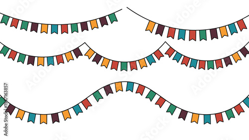 Multiple rows of festive bunting garlands with colorful rectangular flags for celebrations parties and social events.