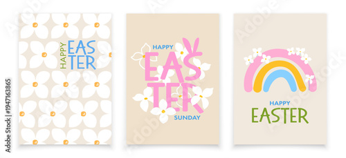 Easter holiday cards in pastel colors. Happy Easter Sunday greeting card set.
