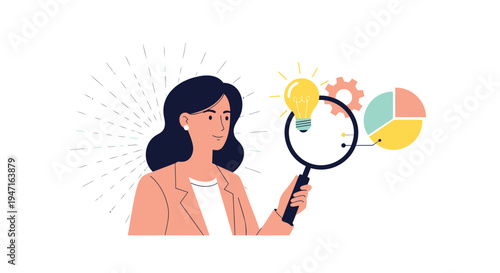 Vector illustration of woman with magnifying glass and business icons