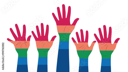 Five hands raised high with vibrant rainbow stripes representing pride diversity equality and human rights activism.