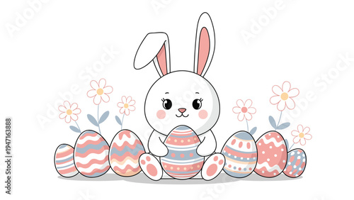 Cute white easter bunny sitting among colorful decorated eggs and flowers celebrating the spring holiday season.