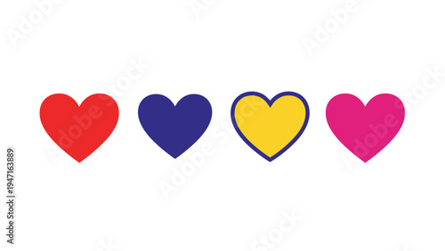 Set of four vibrant heart icons in red blue yellow and pink colors representing love passion and romantic feelings.